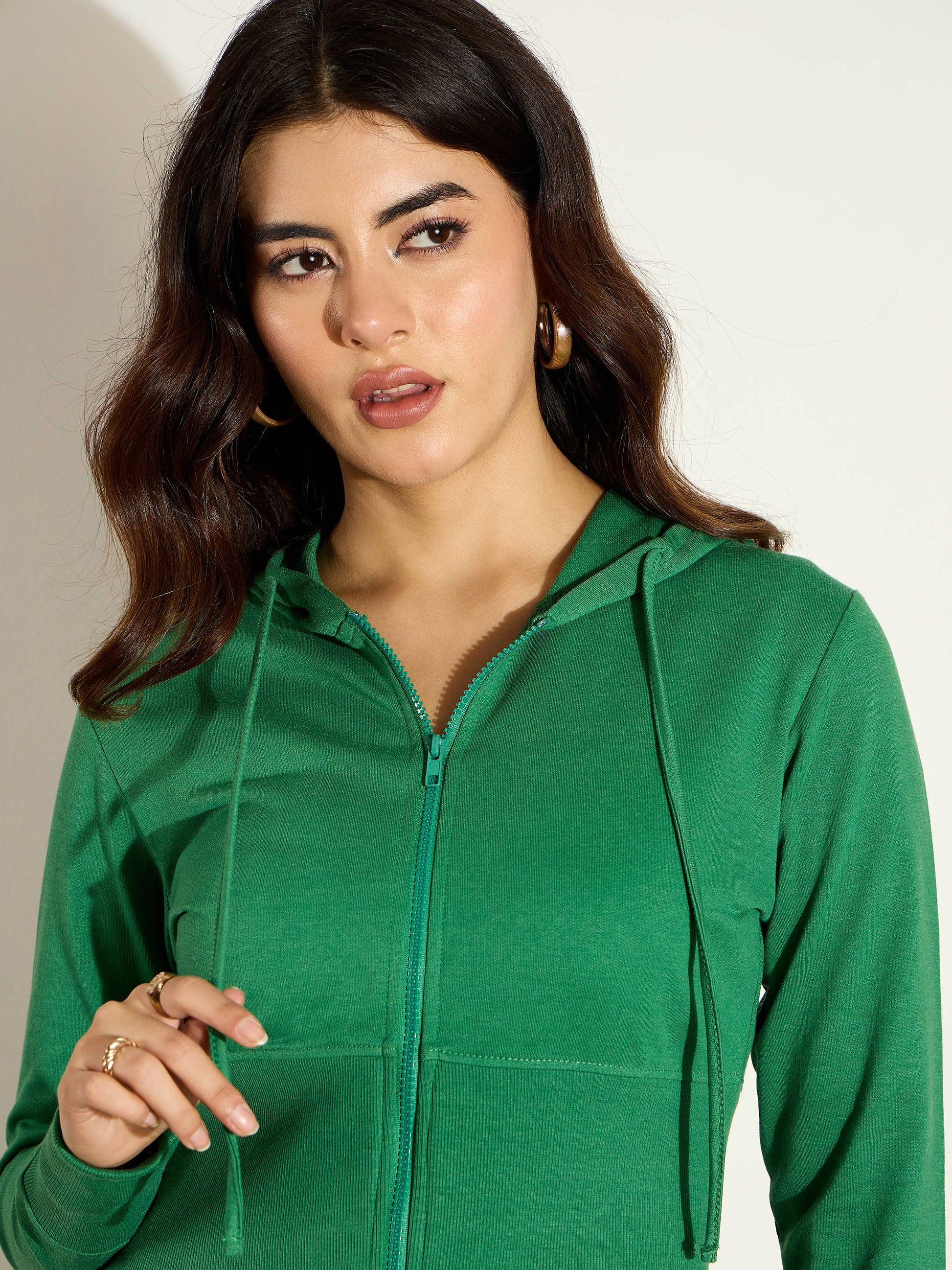 Green Terry Front Zipper Crop Jacket-SASSAFRAS