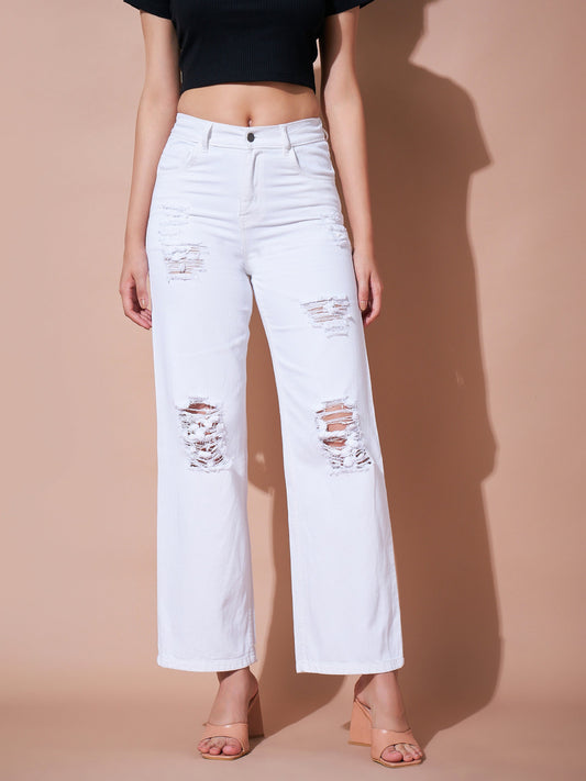 White Heavy Distress Straight Jeans-SASSAFRAS BASICS
