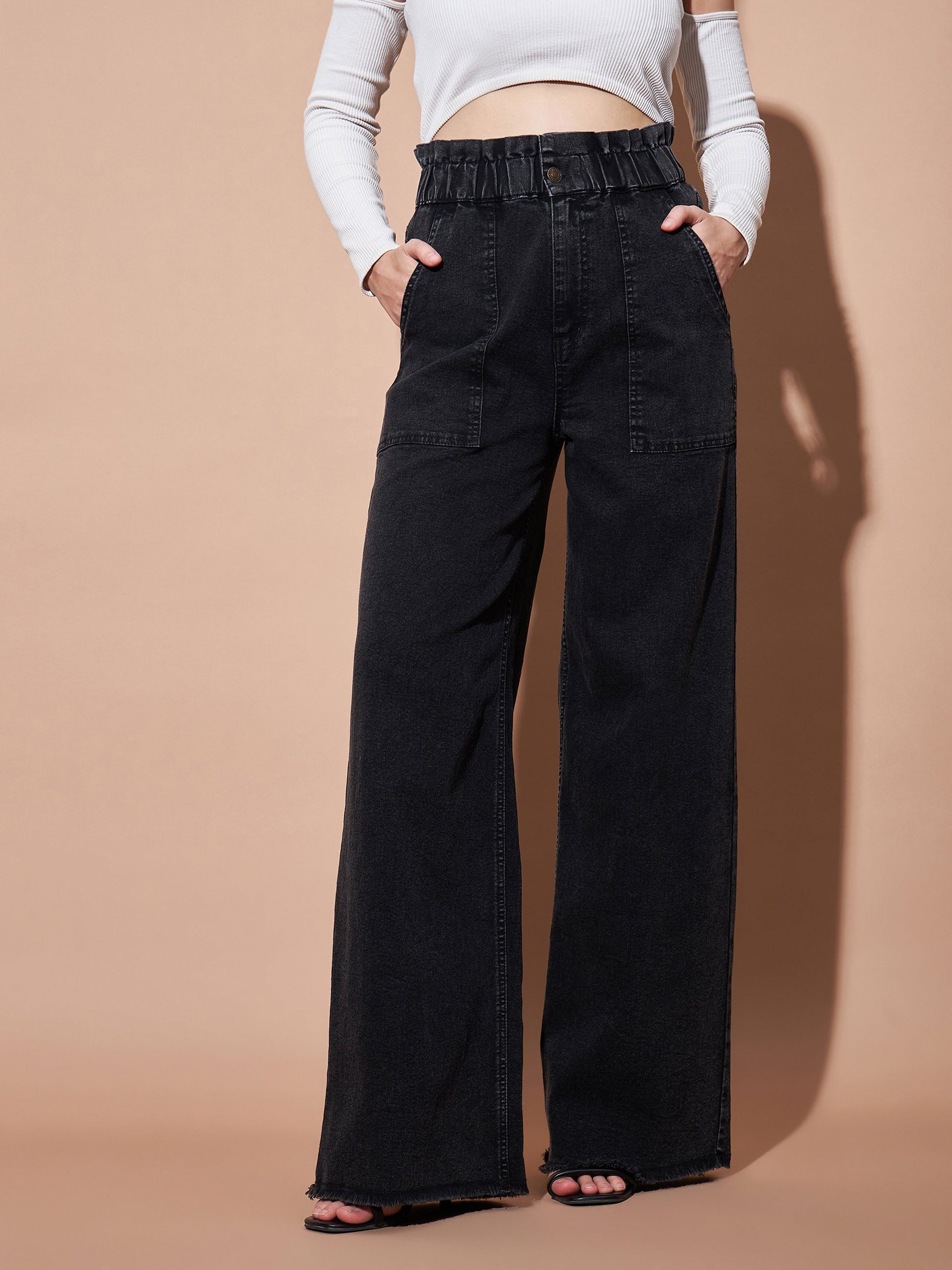 Black Paper Bag Waist Straight Jeans-SASSAFRAS BASICS