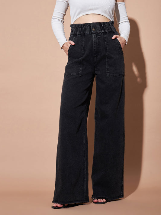 Black Paper Bag Waist Straight Jeans-SASSAFRAS BASICS
