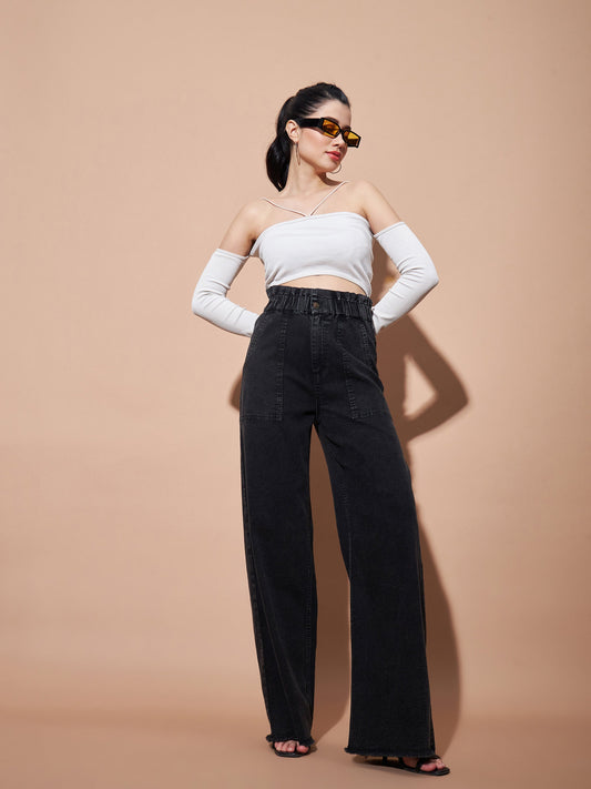Black Paper Bag Waist Straight Jeans-SASSAFRAS BASICS
