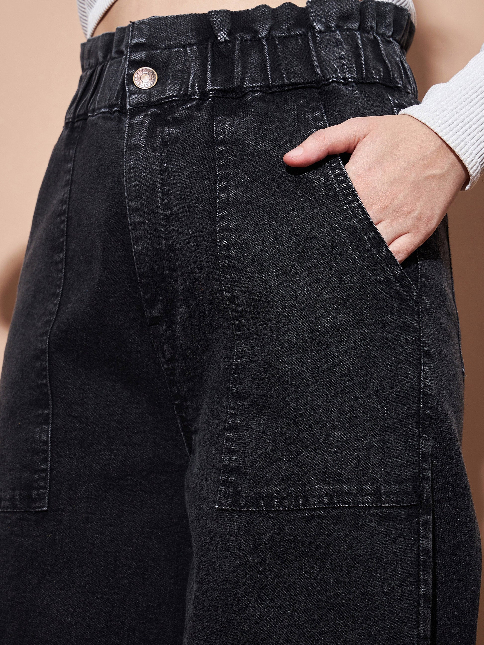 Black Paper Bag Waist Straight Jeans-SASSAFRAS BASICS