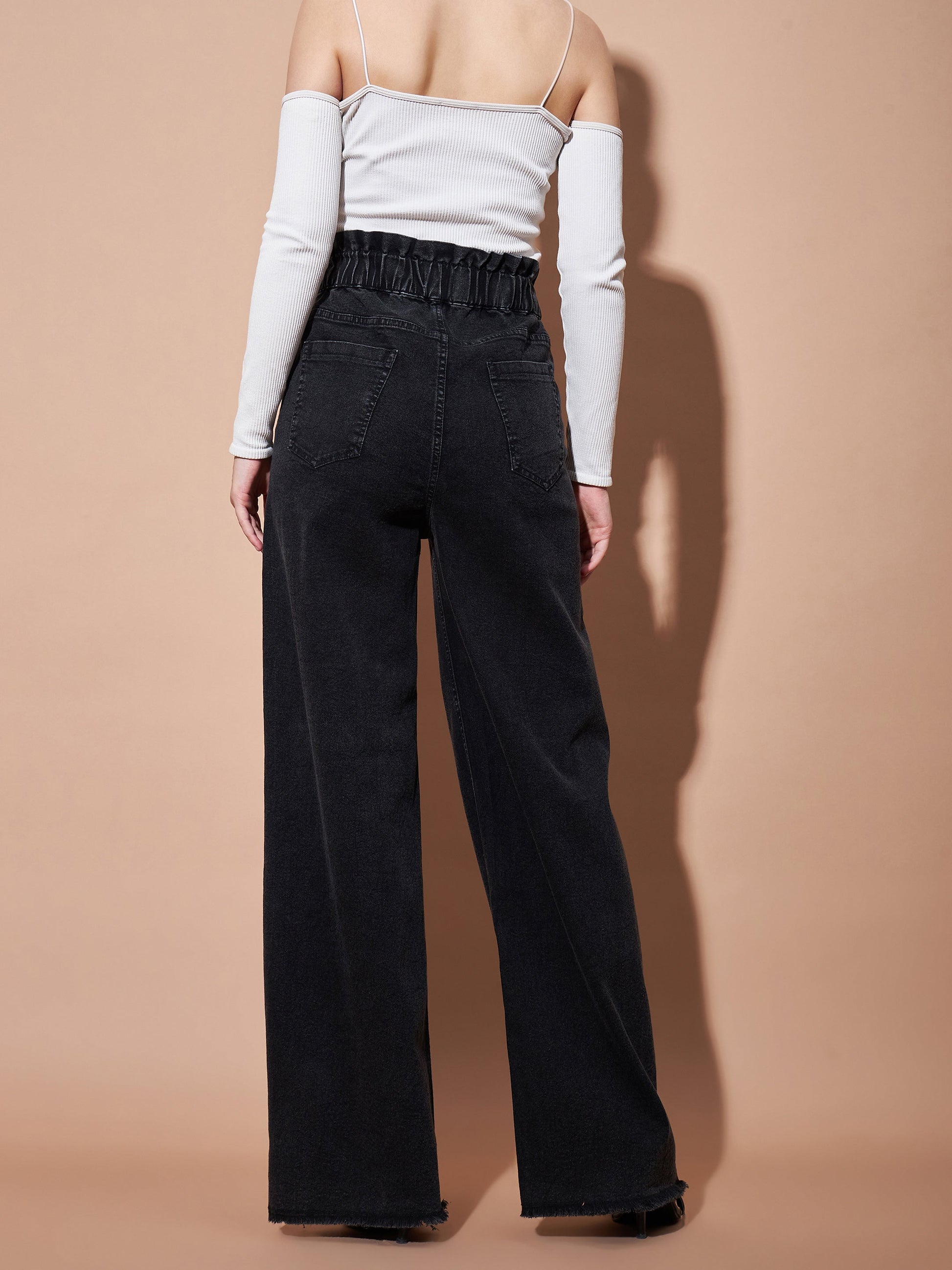 Black Paper Bag Waist Straight Jeans-SASSAFRAS BASICS