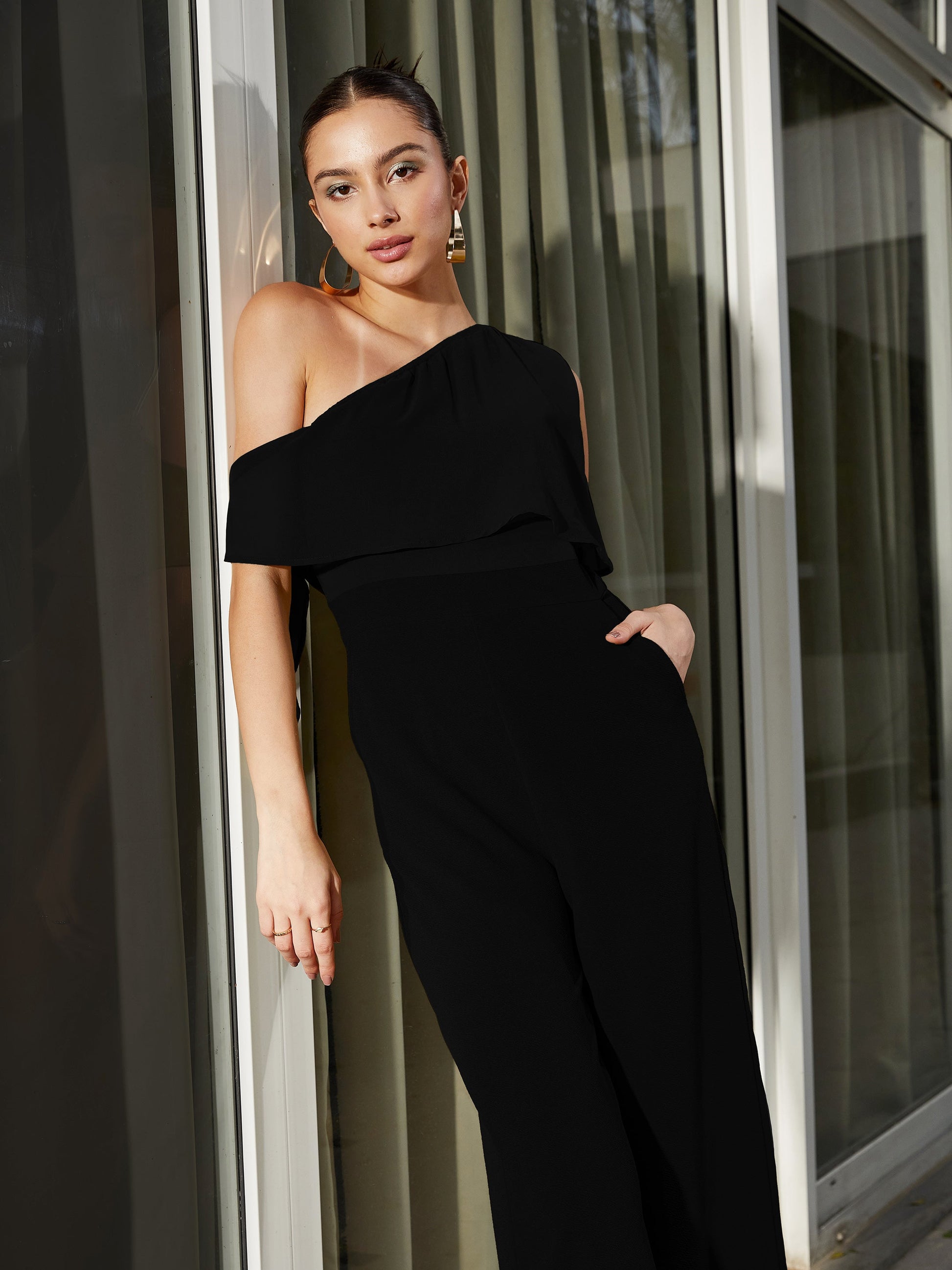 Black One Shoulder Jumpsuit-SASSAFRAS