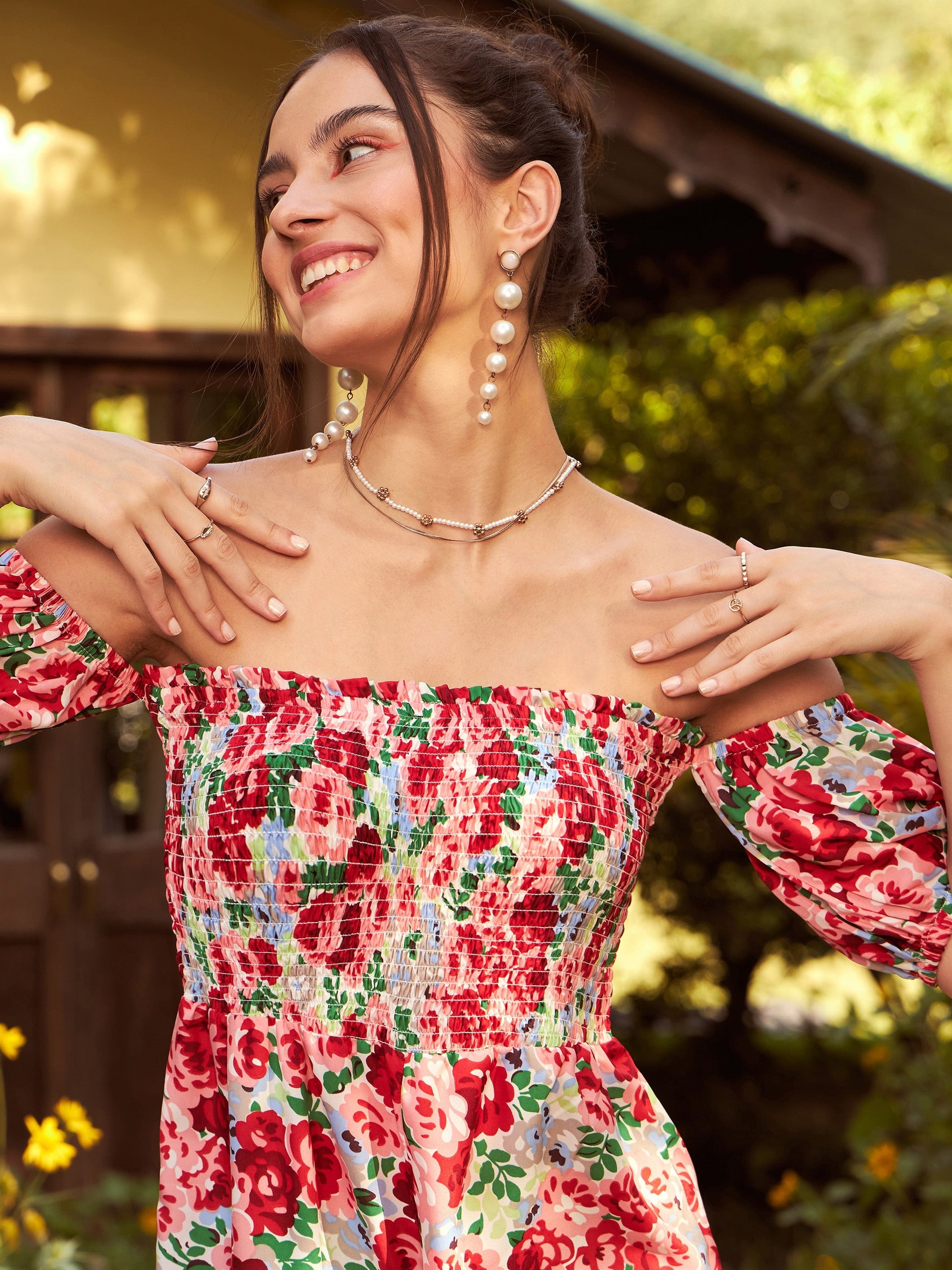Red Floral Smoked Off Shoulder Playsuit-SASSAFRAS