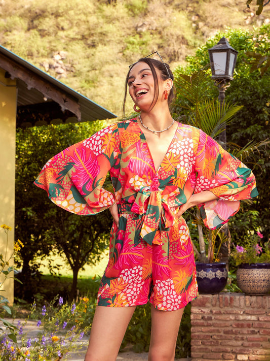 Orange Floral Front Tie Knot Playsuit-SASSAFRAS