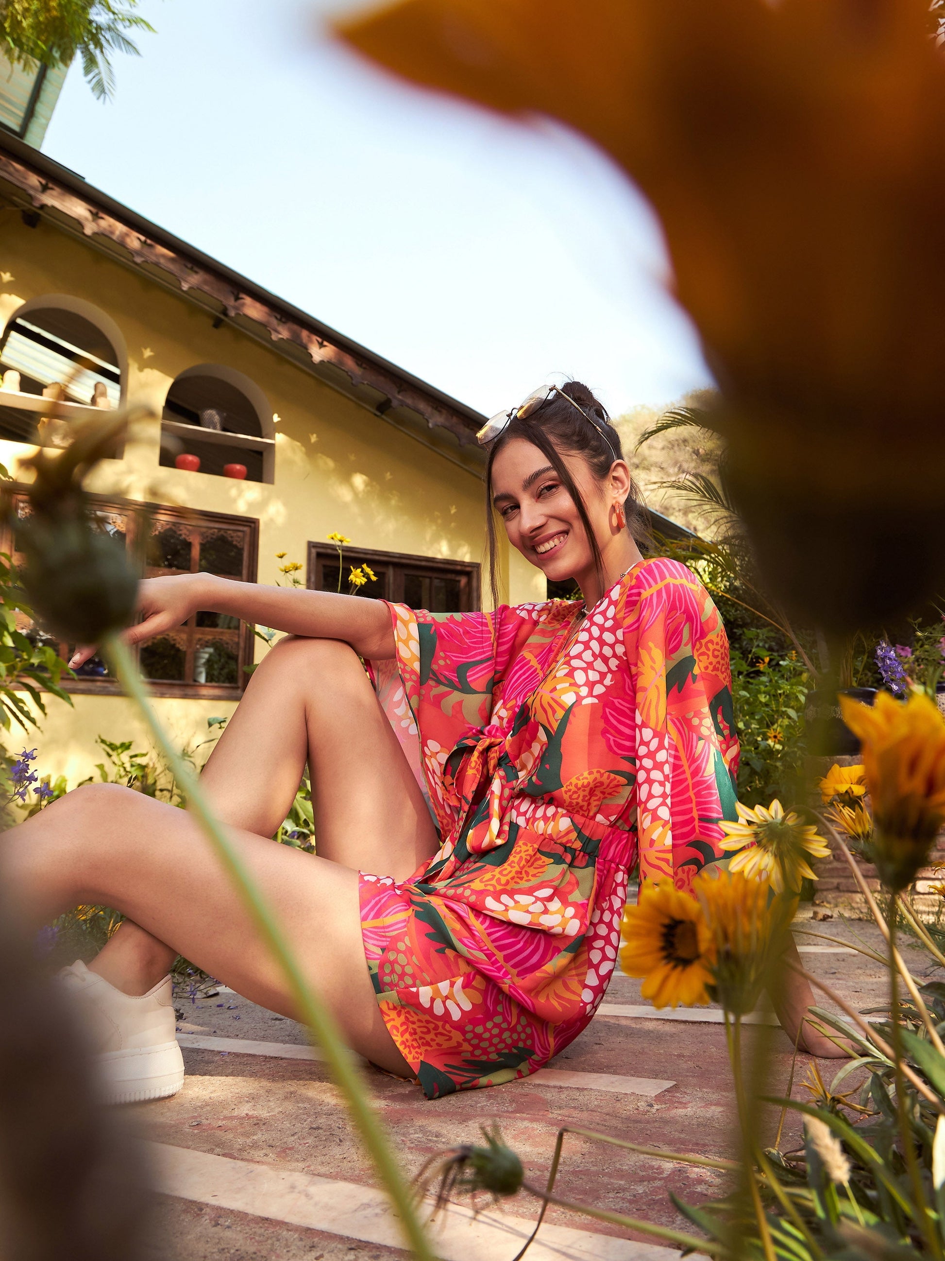 Orange Floral Front Tie Knot Playsuit-SASSAFRAS