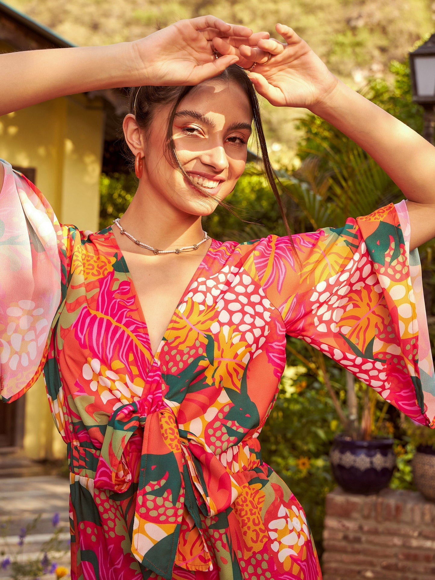 Orange Floral Front Tie Knot Playsuit-SASSAFRAS