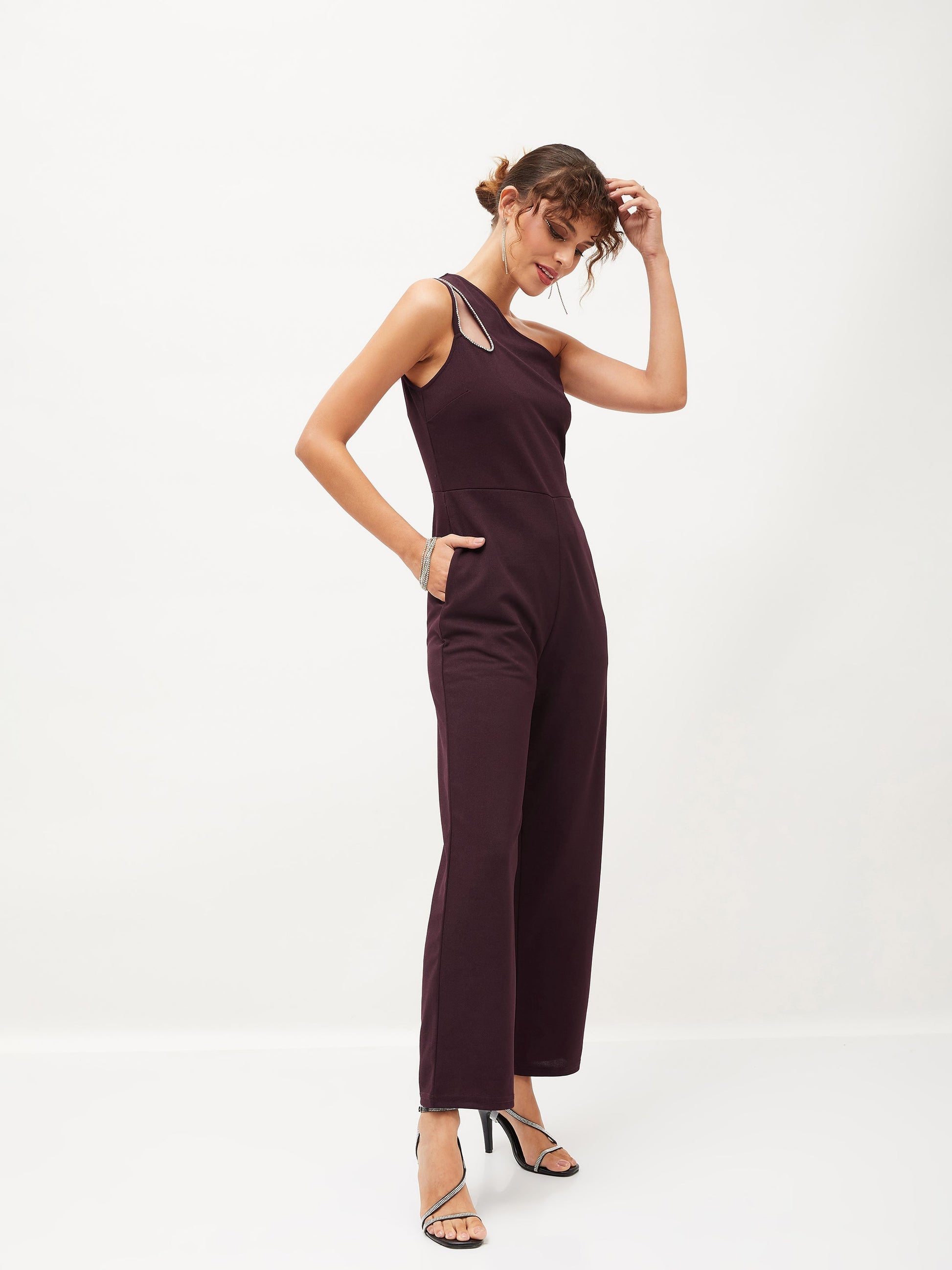 Burgundy Diamante One Shoulder Jumpsuit-SASSAFRAS
