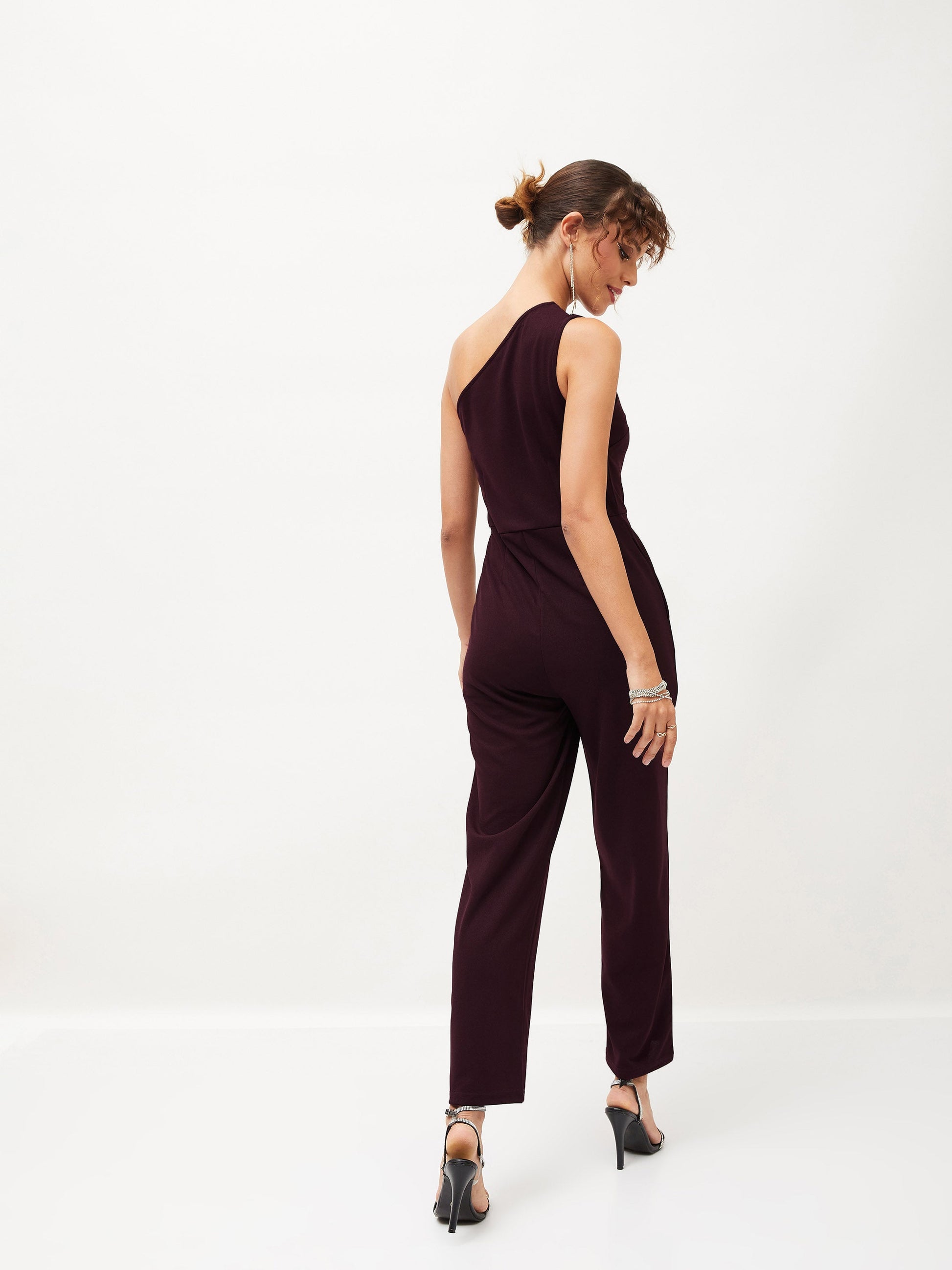 Burgundy Diamante One Shoulder Jumpsuit-SASSAFRAS