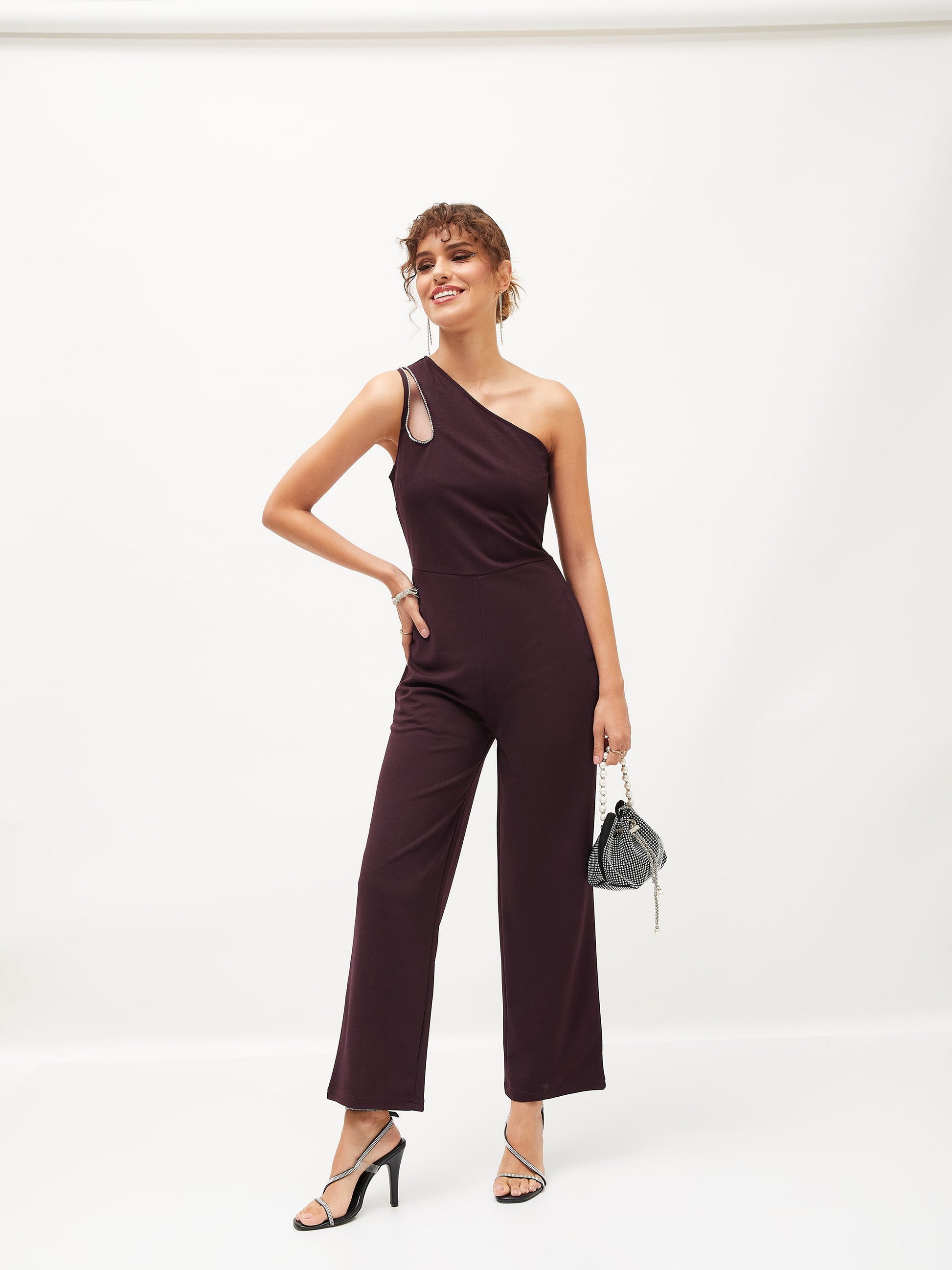 Burgundy Diamante One Shoulder Jumpsuit-SASSAFRAS