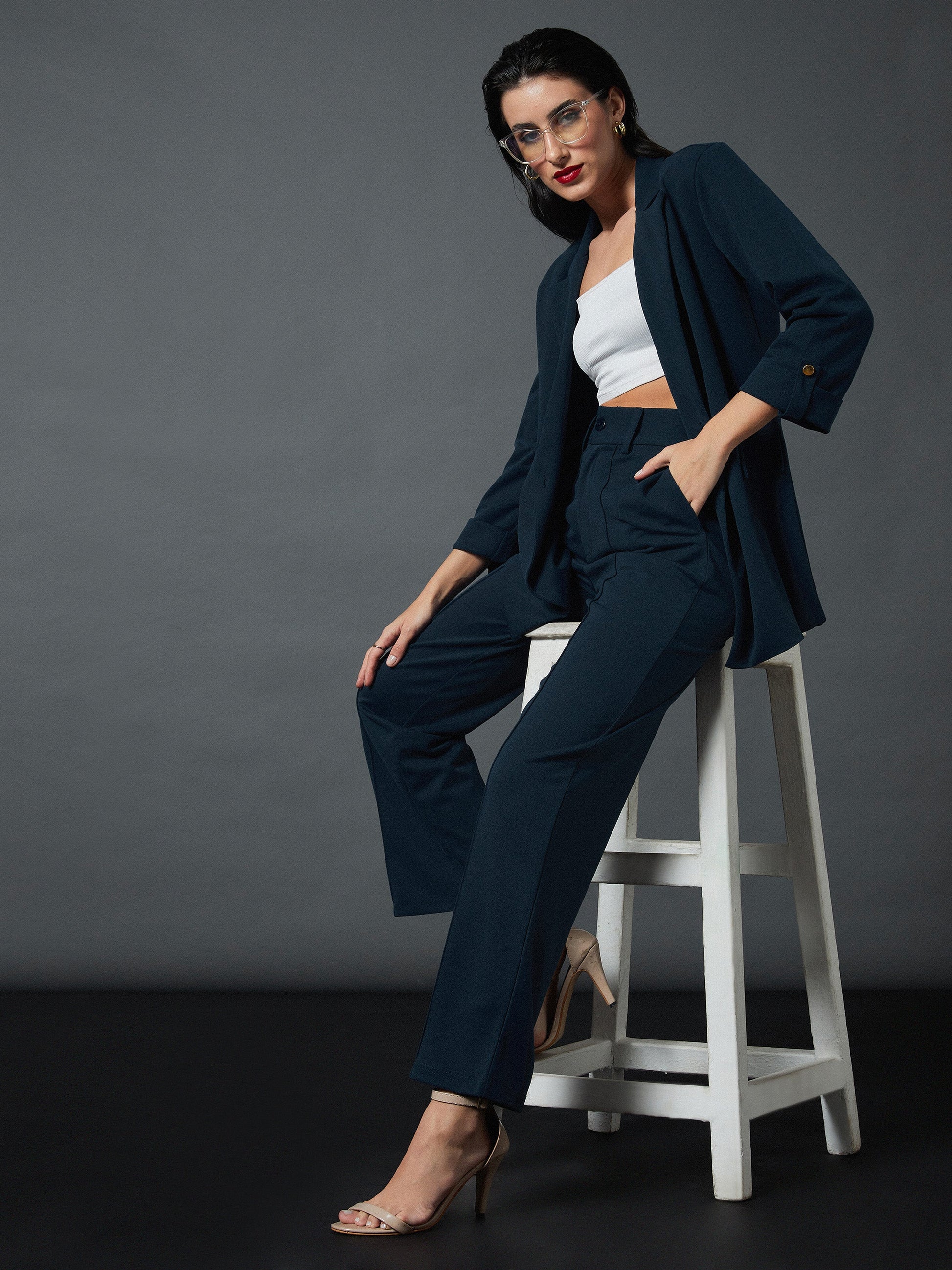 Airforce Blue Front Darted Strechable Pants-SASSAFRAS worklyf