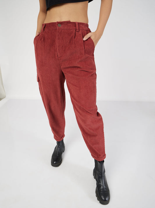 Rust Corduroy Carrot Fit Pants-SASSAFRAS