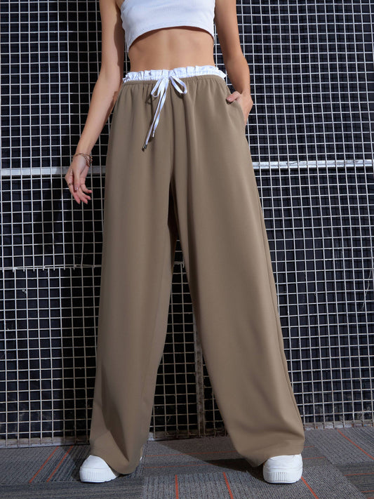Beige Contrast Paperback Waist Pants-SASSAFRAS