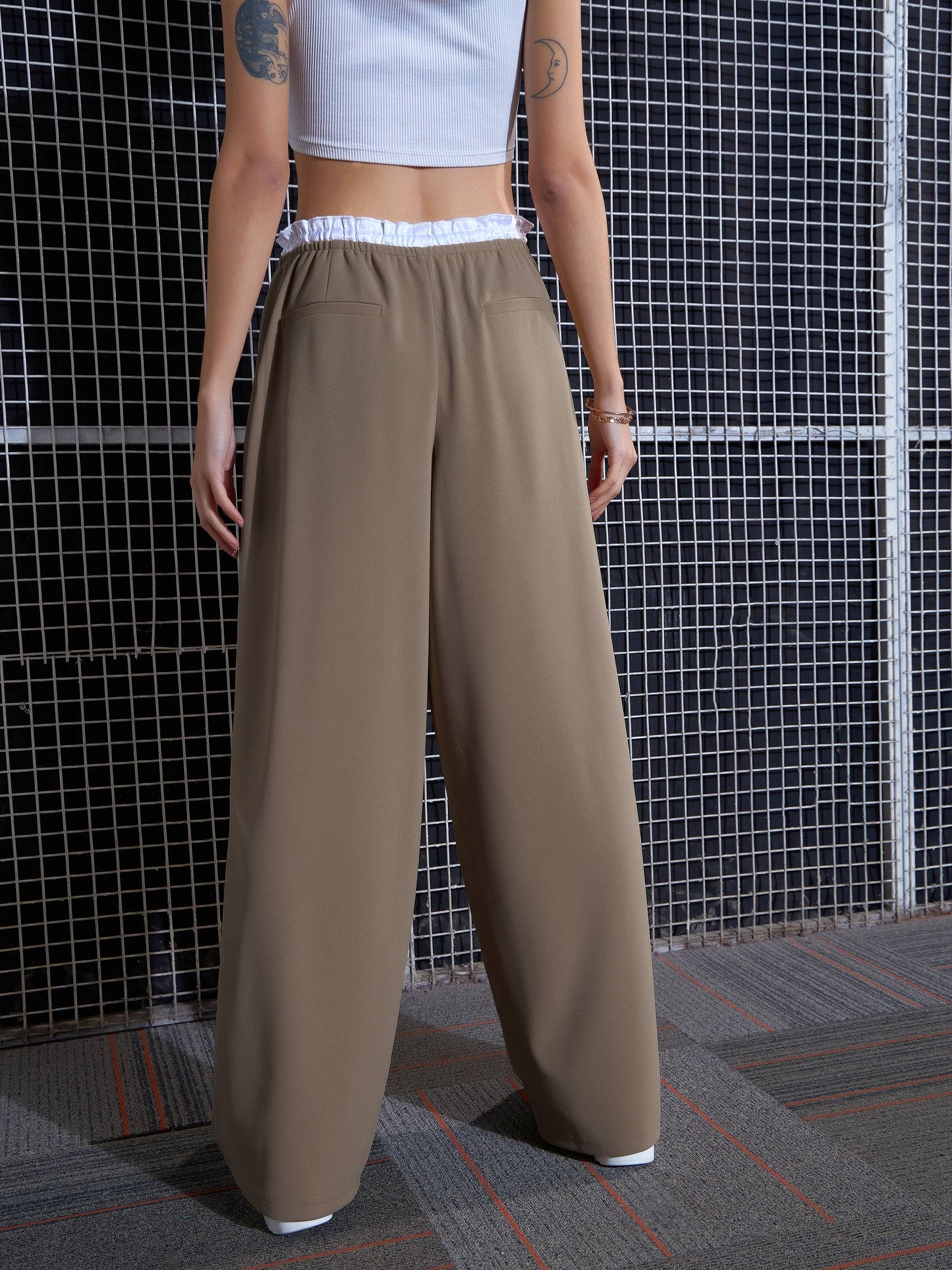 Beige Contrast Paperback Waist Pants-SASSAFRAS