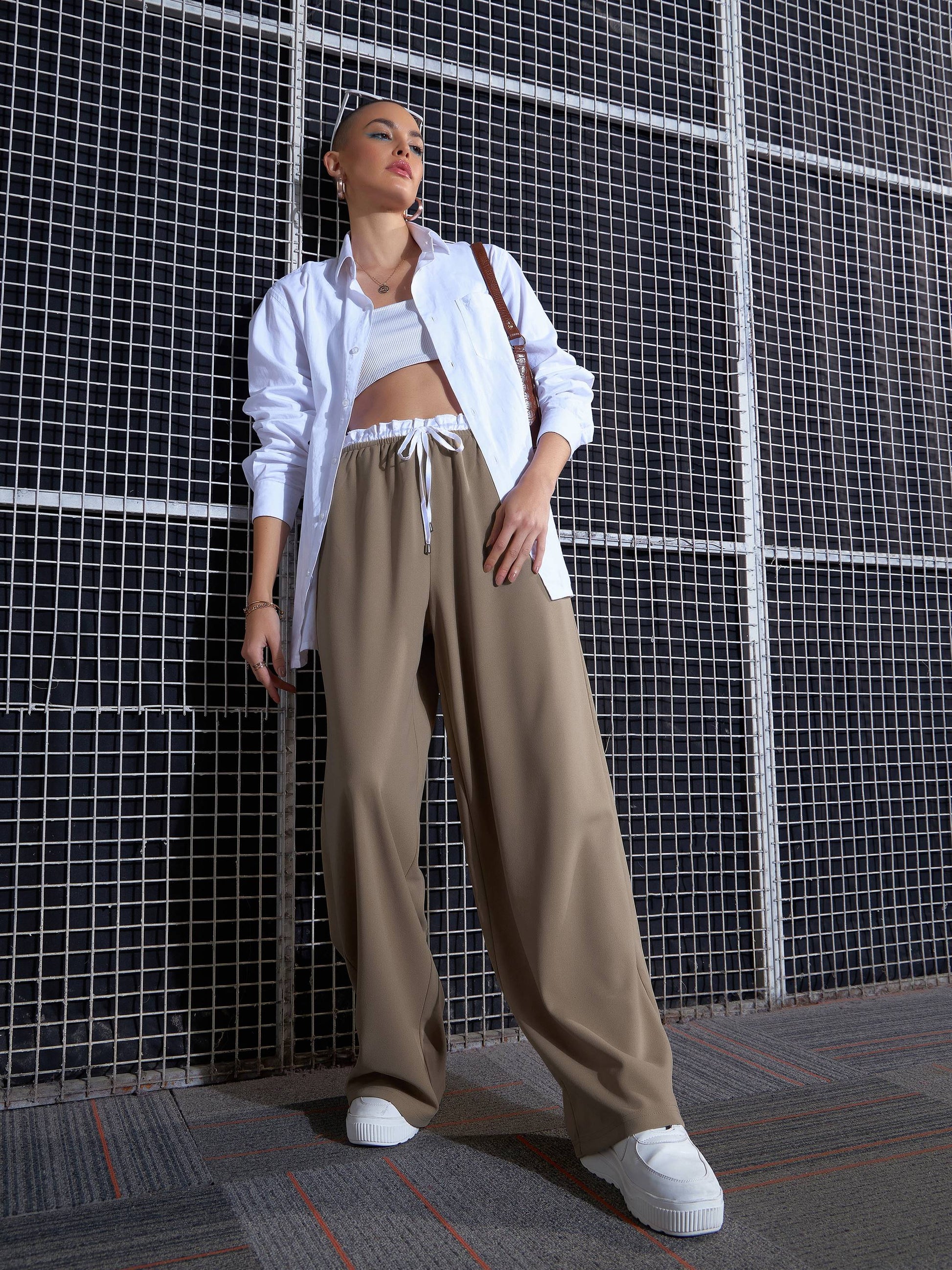 Beige Contrast Paperback Waist Pants-SASSAFRAS