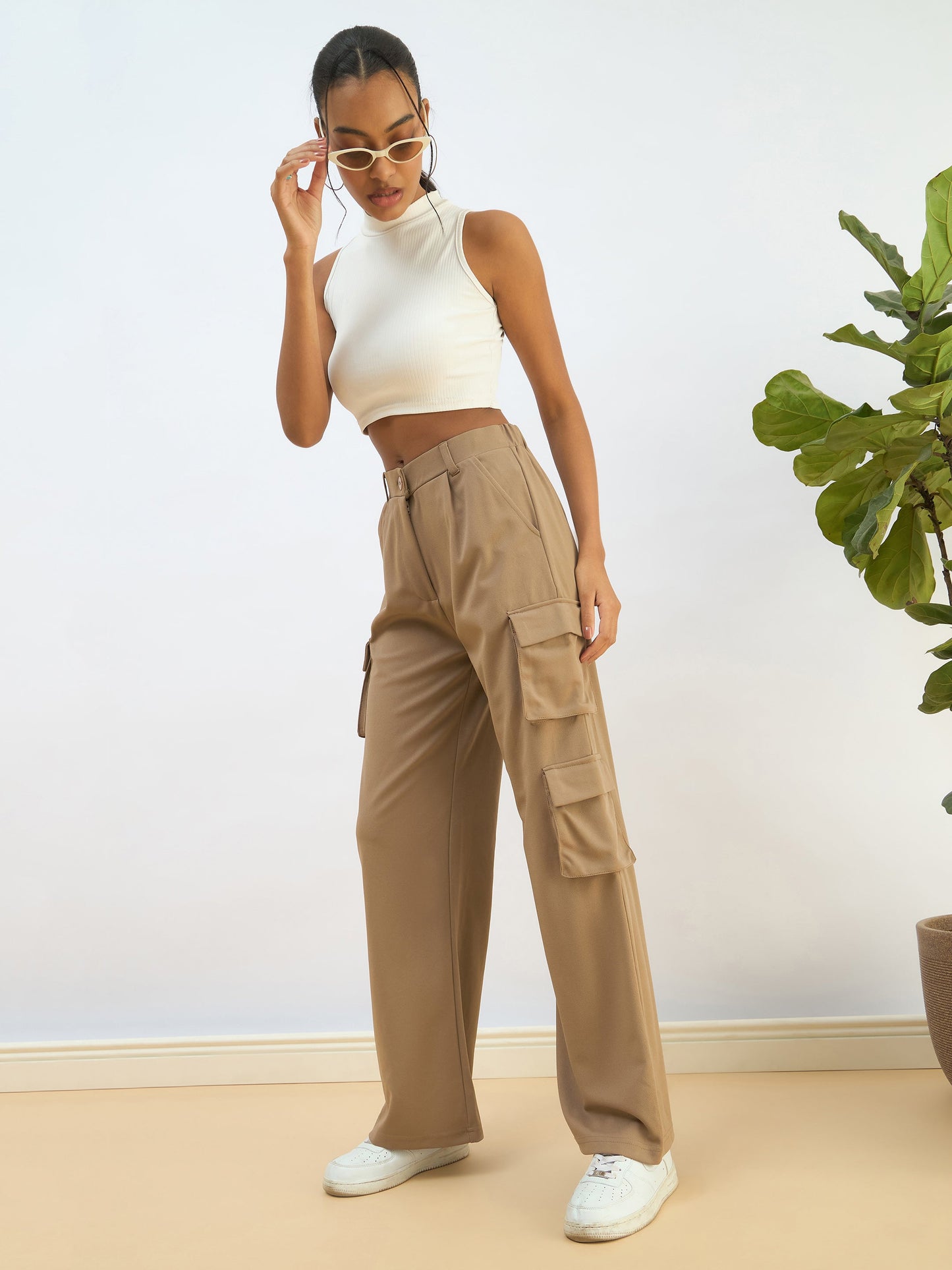 Women Beige Comfort Fit Cargo Pants