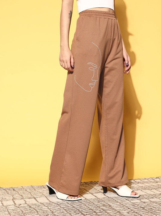 Brown Line Art Wide Leg Terry Track Pants -SASSAFRAS