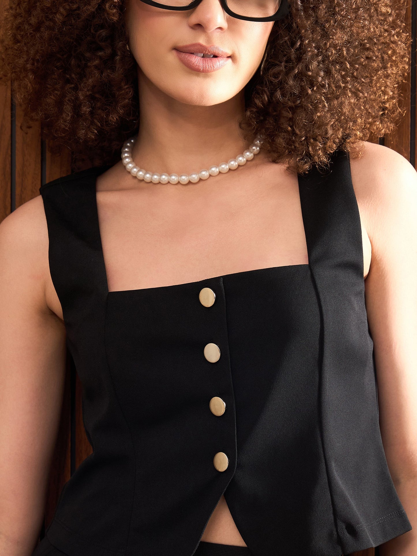 Women Black Button Down Top With Elasticated Pants