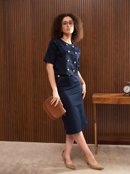 Women Navy Twill Double Breast Top With Short Skirt
