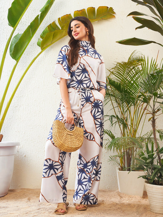 White Abstract Printed Top With Palazzo Pants-SASSAFRAS