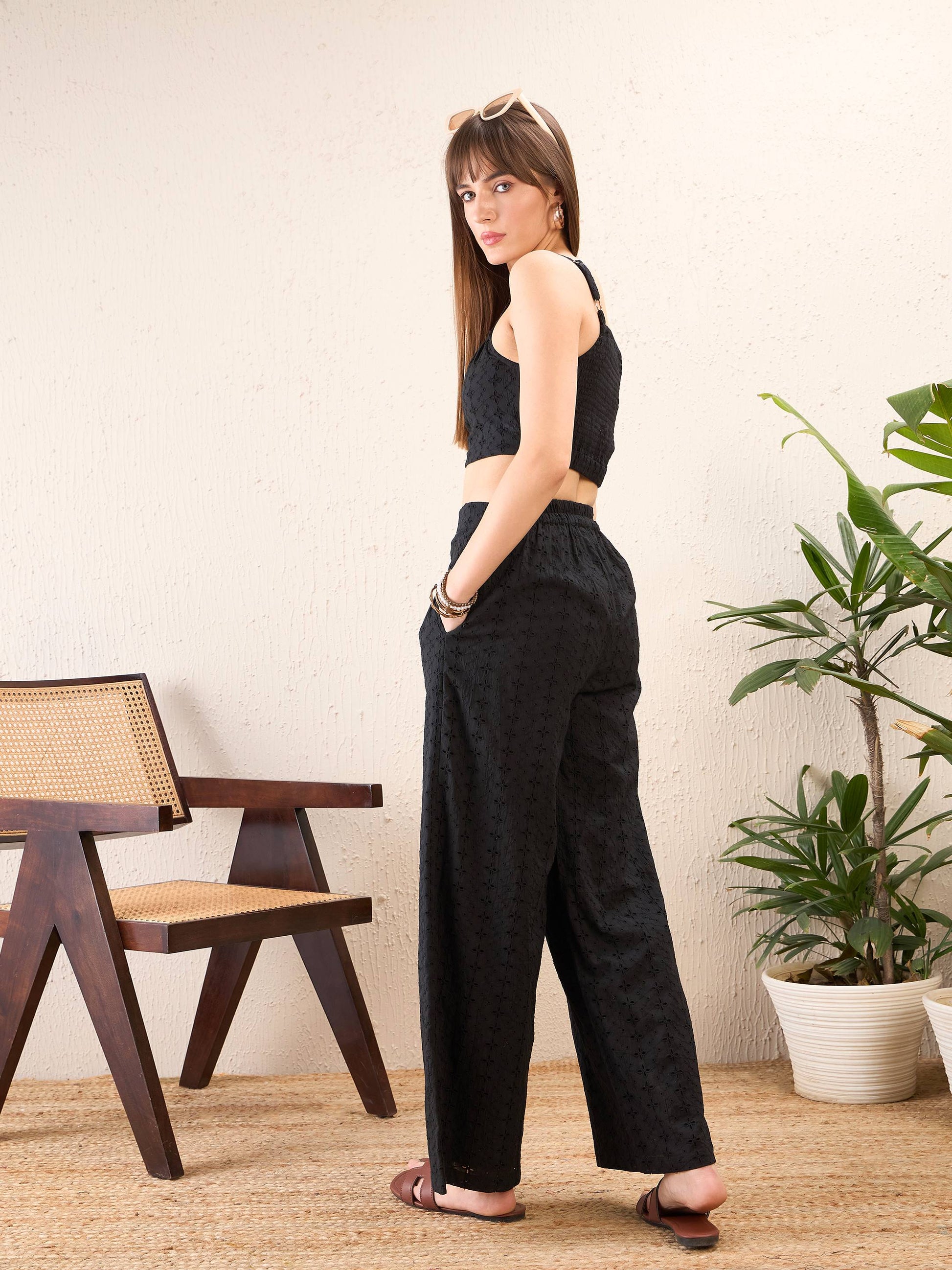 Black Schiffli Crop Top With Straight Pants-SASSAFRAS
