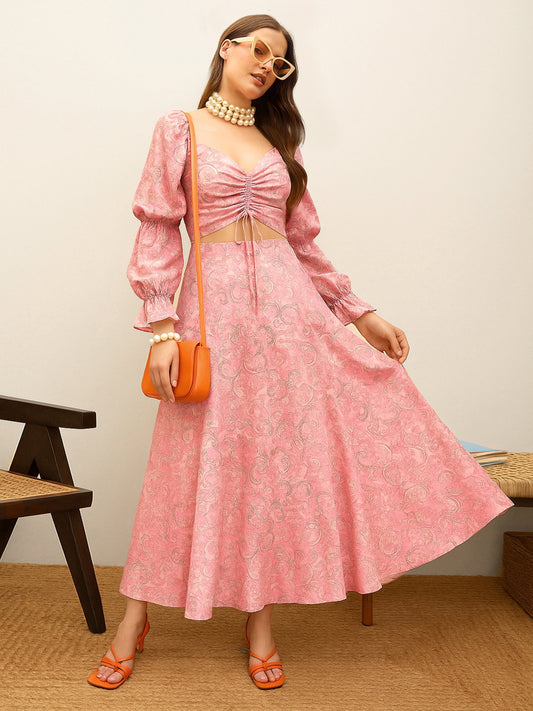 Women Pink Printed Crop Smocked Top With Midi Skirt