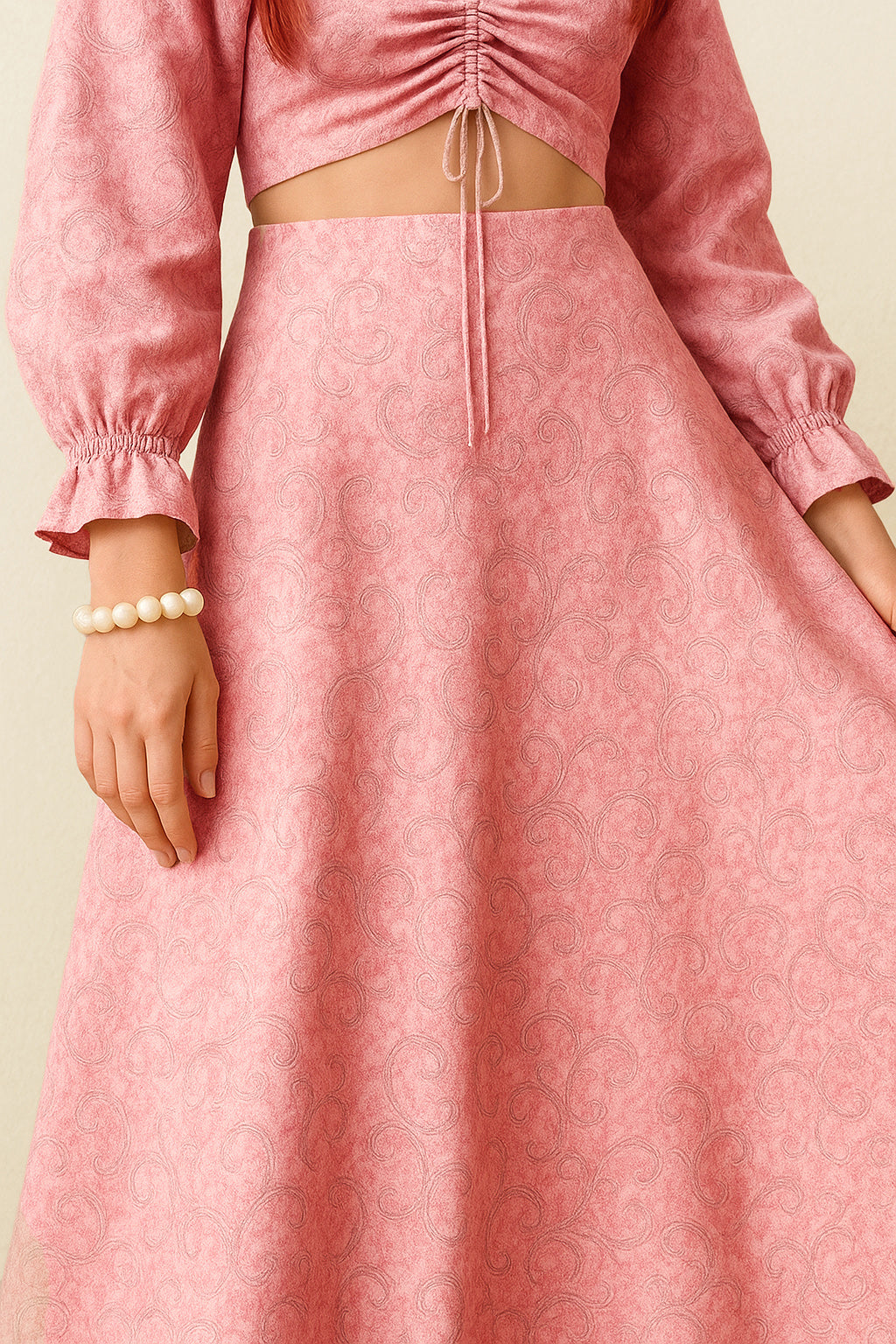 Women Pink Printed Crop Smocked Top With Midi Skirt