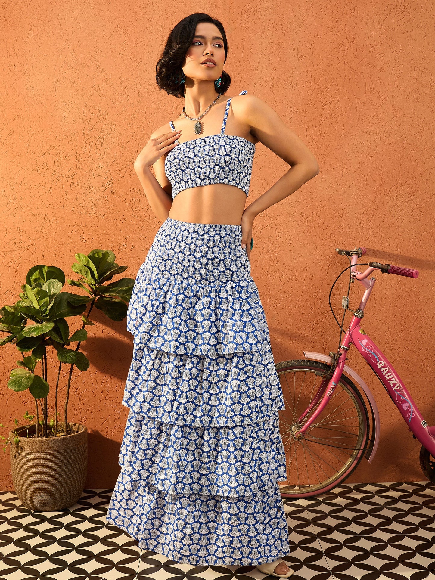 Women Blue & White Floral Strappy Tube Top With frill Skirt