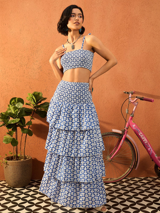 Women Blue & White Floral Strappy Tube Top With frill Skirt