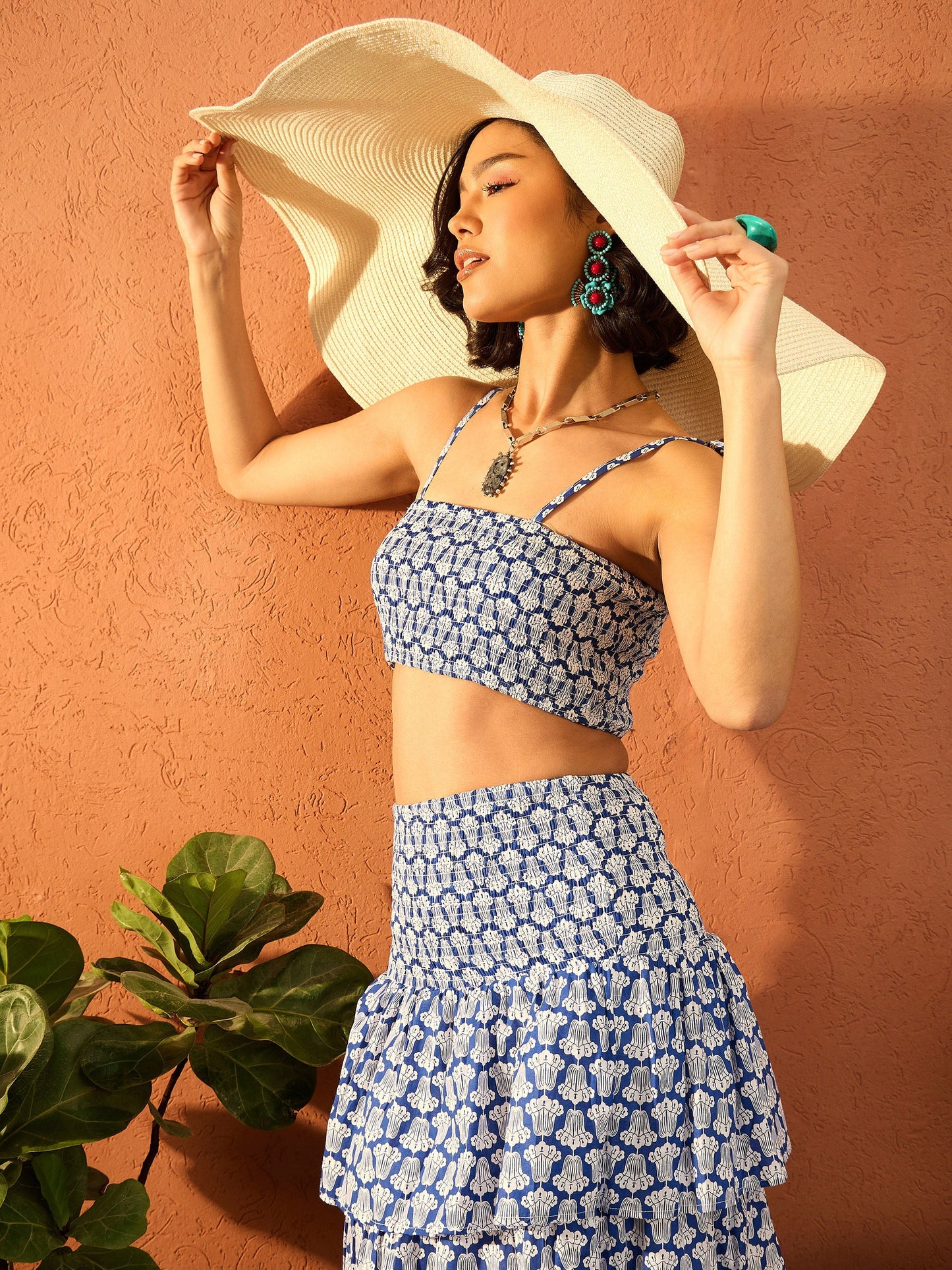 Women Blue & White Floral Strappy Tube Top With frill Skirt