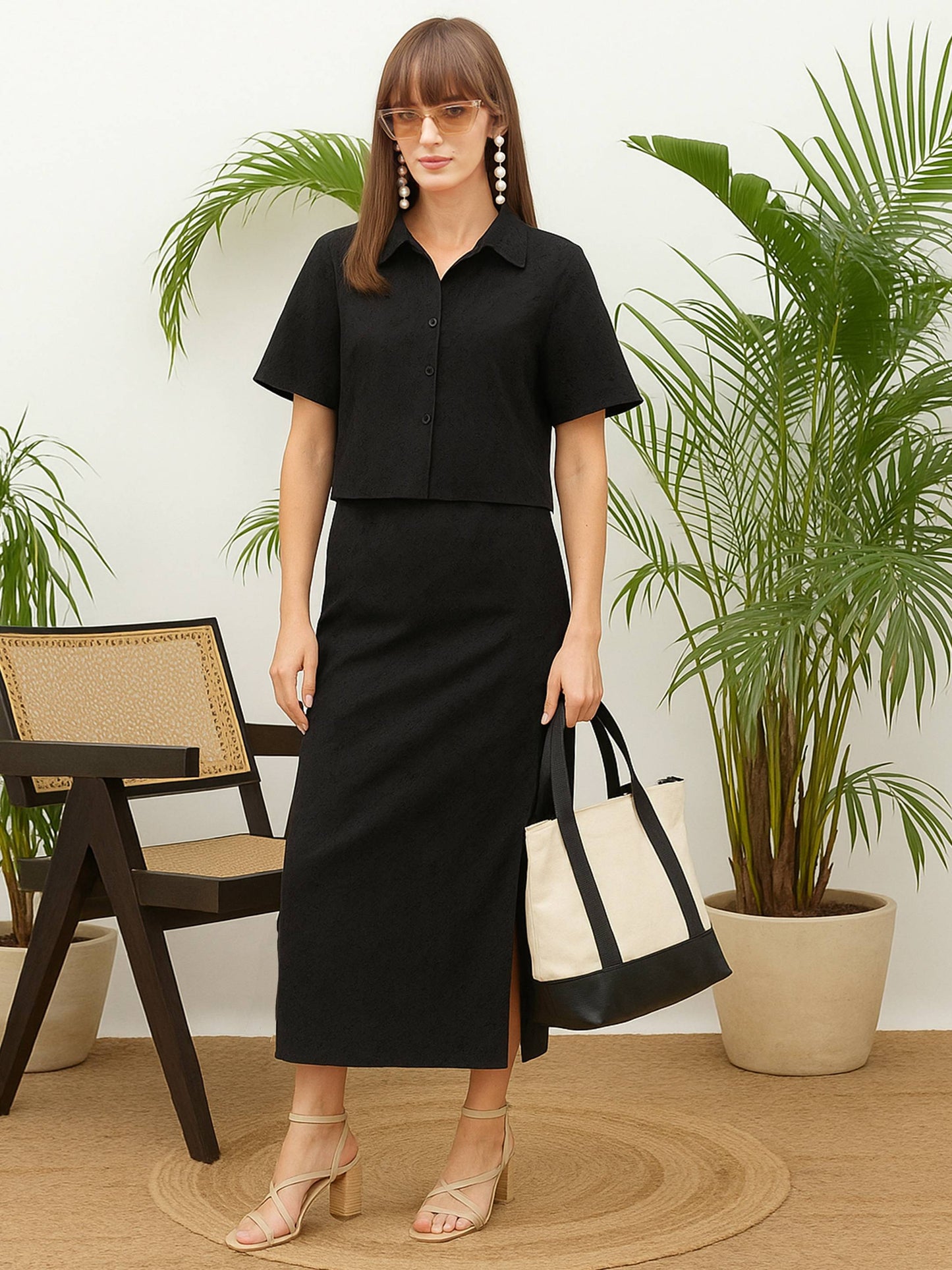 Women Black Schiffli Shirt with Skirt