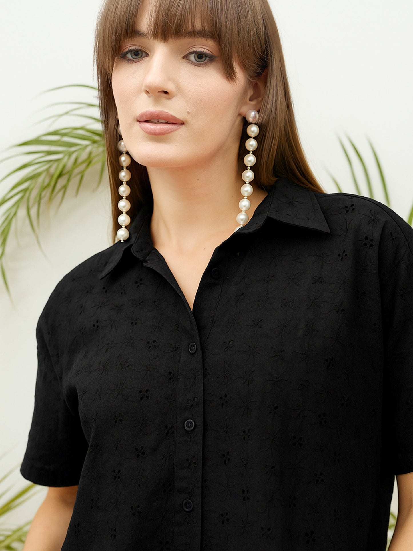 Women Black Schiffli Shirt with Skirt