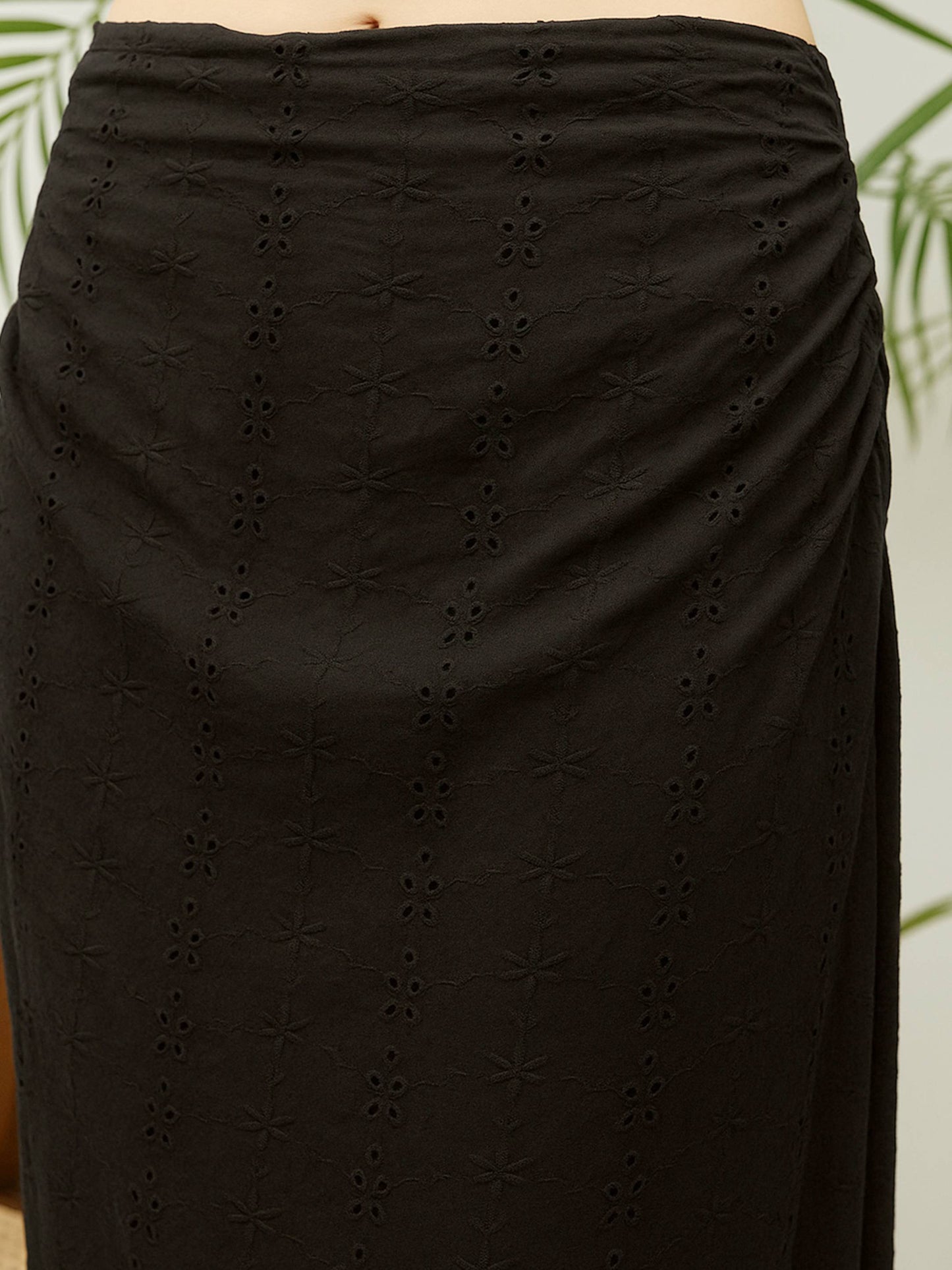 Women Black Schiffli Shirt with Skirt