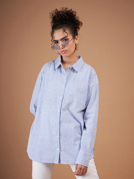 Blue & White Striped Oversized Shirt-SASSAFRAS
