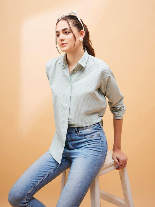 Green Striped Oversized Shirt-SASSAFRAS BASICS