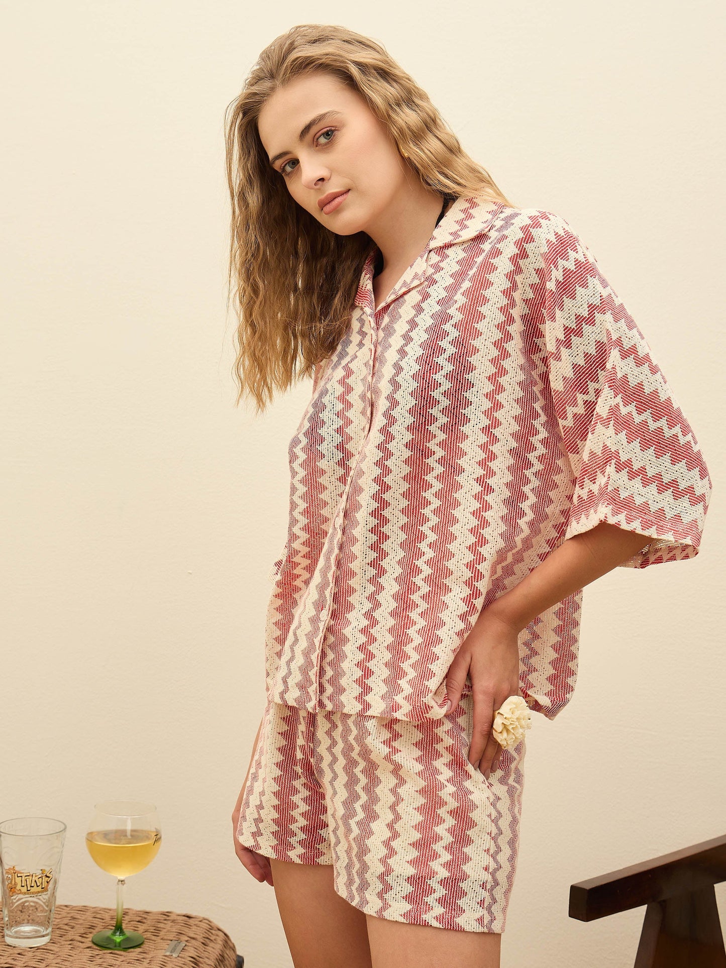 Women Red & Beige Chevron Stripe Oversized Shirt With Shorts