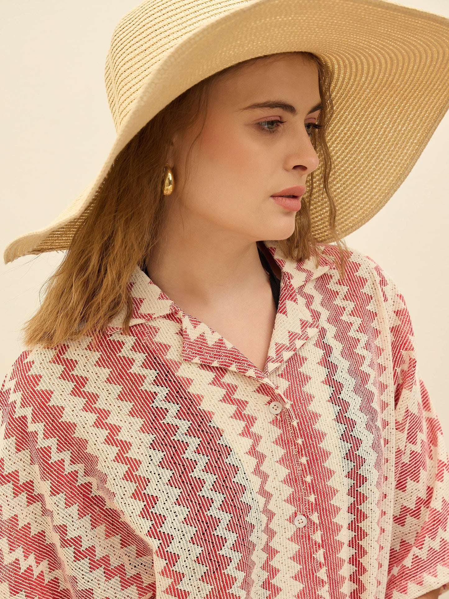 Women Red & Beige Chevron Stripe Oversized Shirt With Shorts