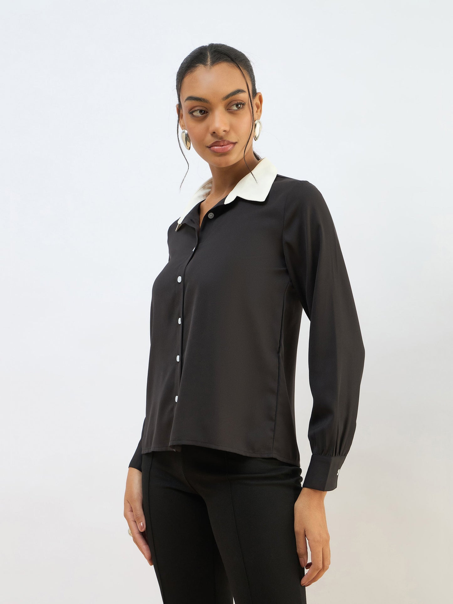 Women Black Contrast Collar Regular Shirt