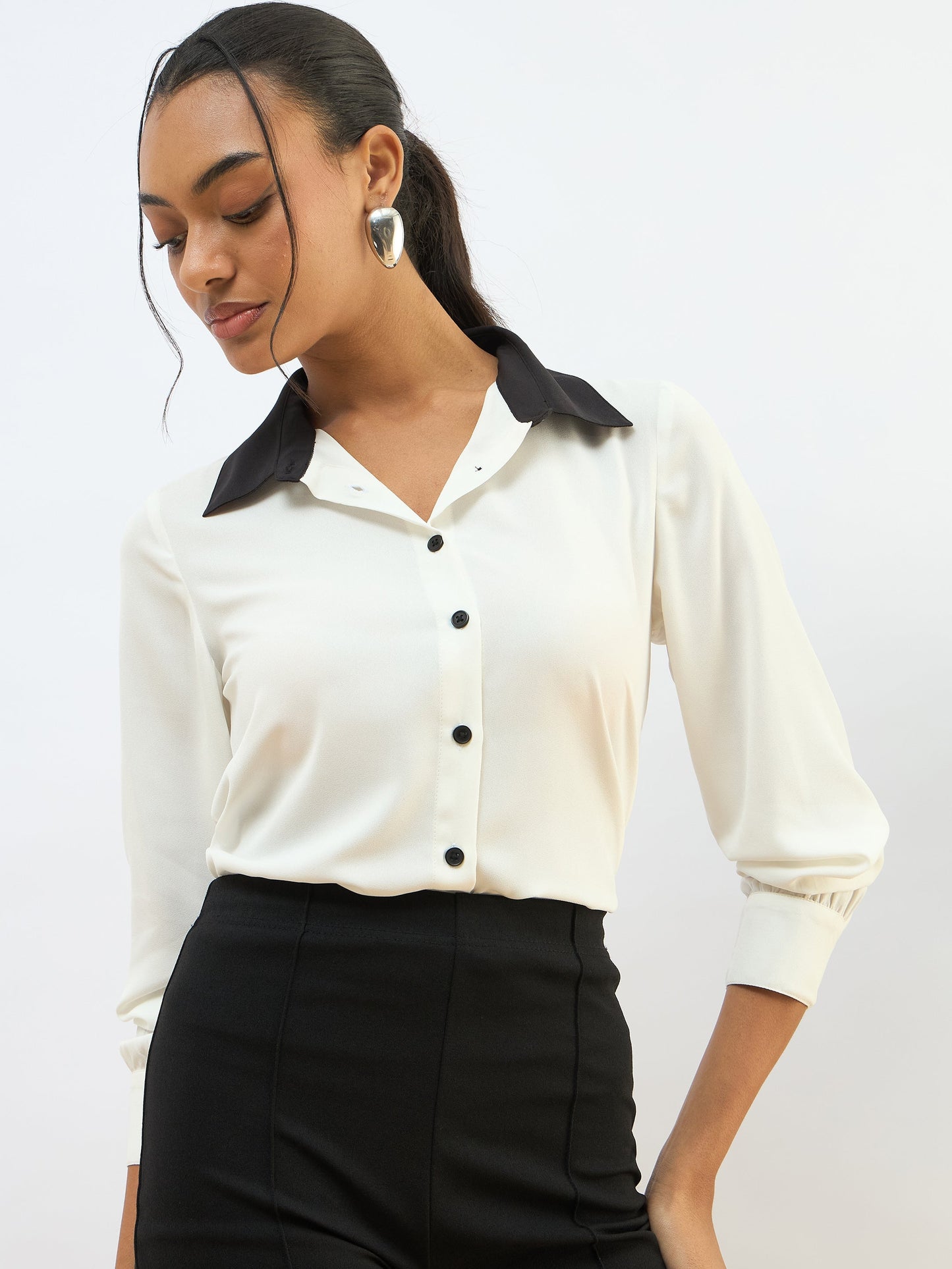 Women White Contrast Collar Regular Shirt