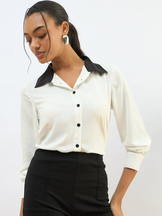 Women White Contrast Collar Regular Shirt