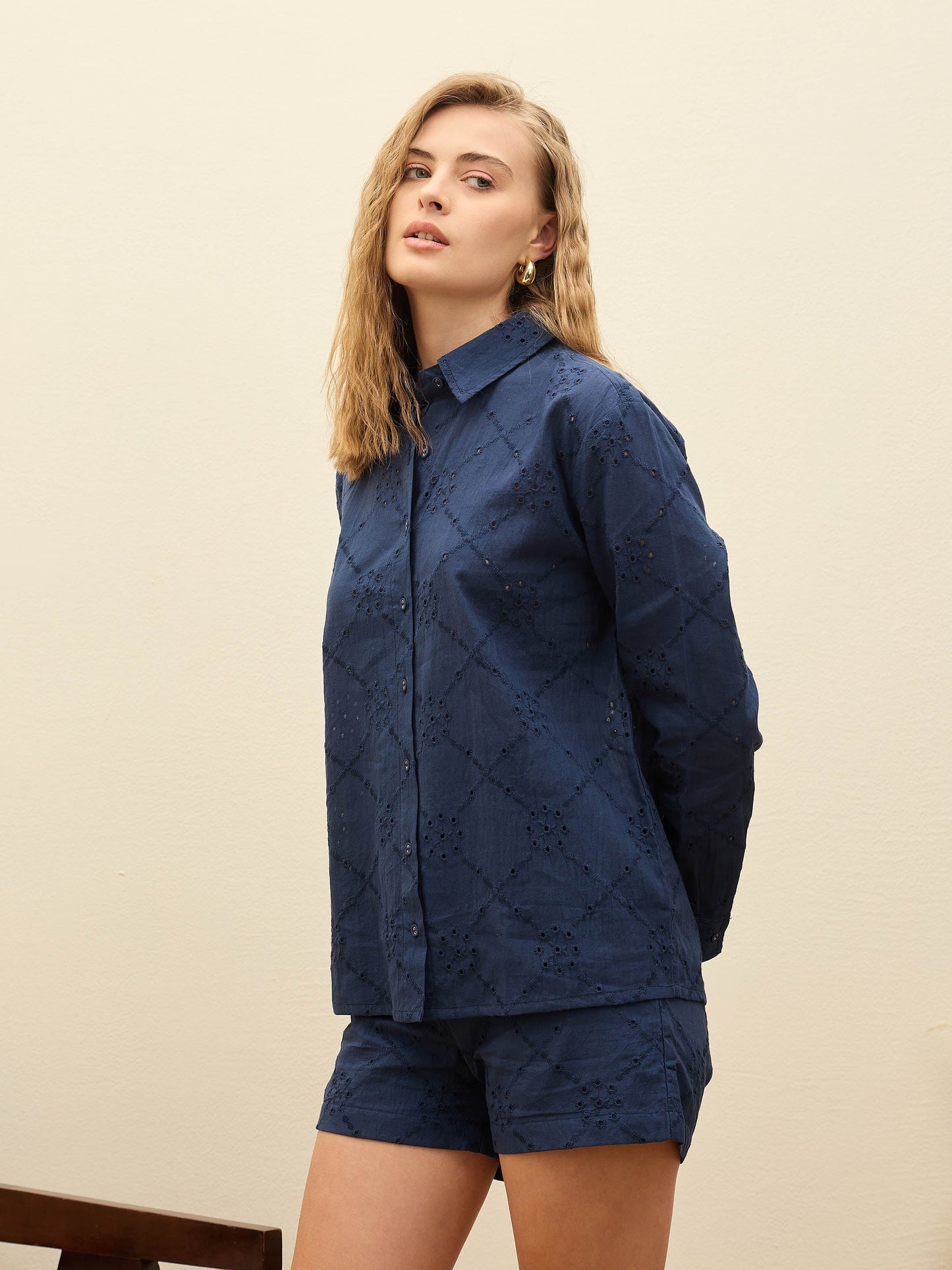 Women Navy Schiffli Full Sleeve Regular Shirt With Shorts