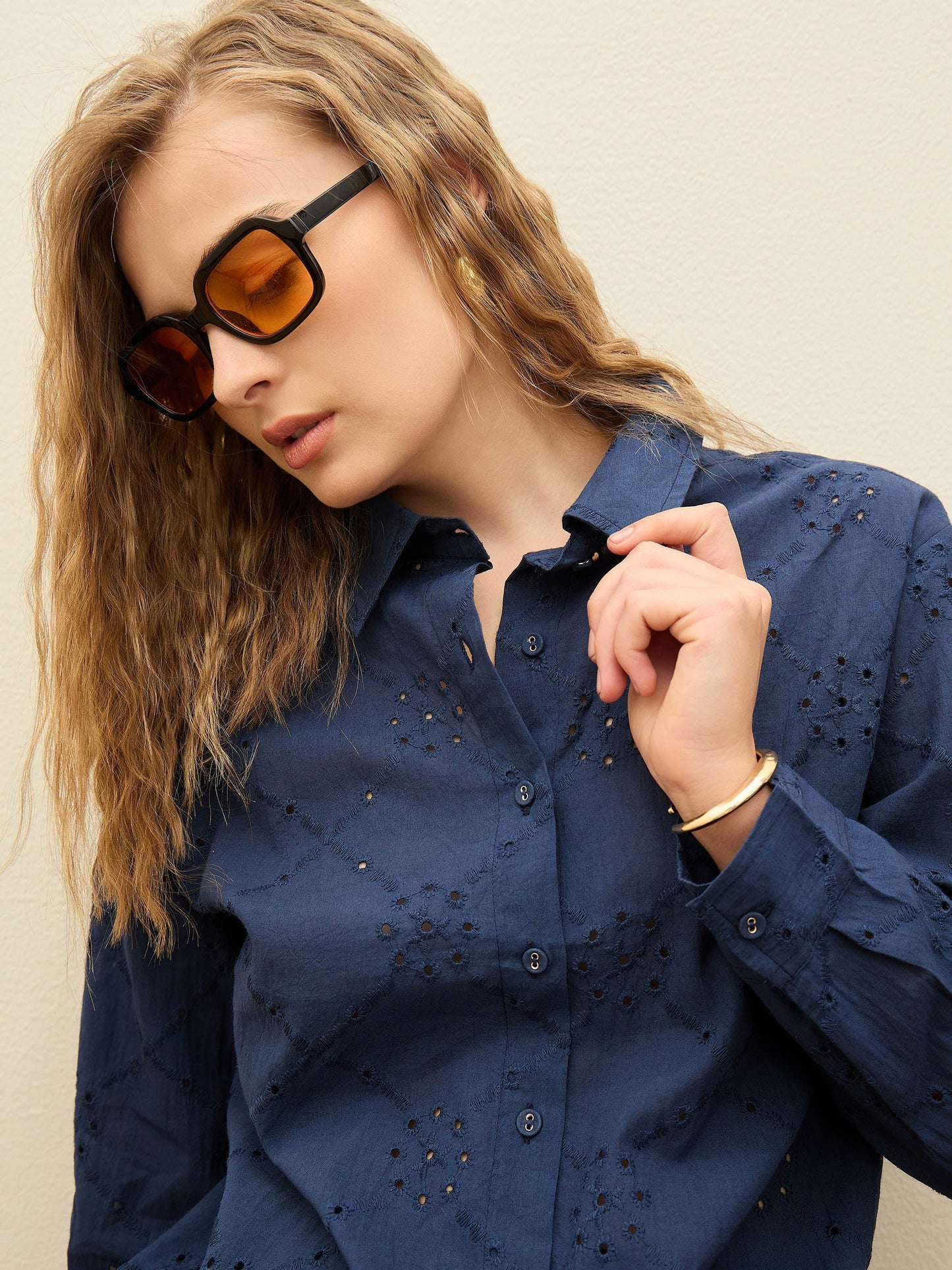 Women Navy Schiffli Full Sleeve Regular Shirt With Shorts