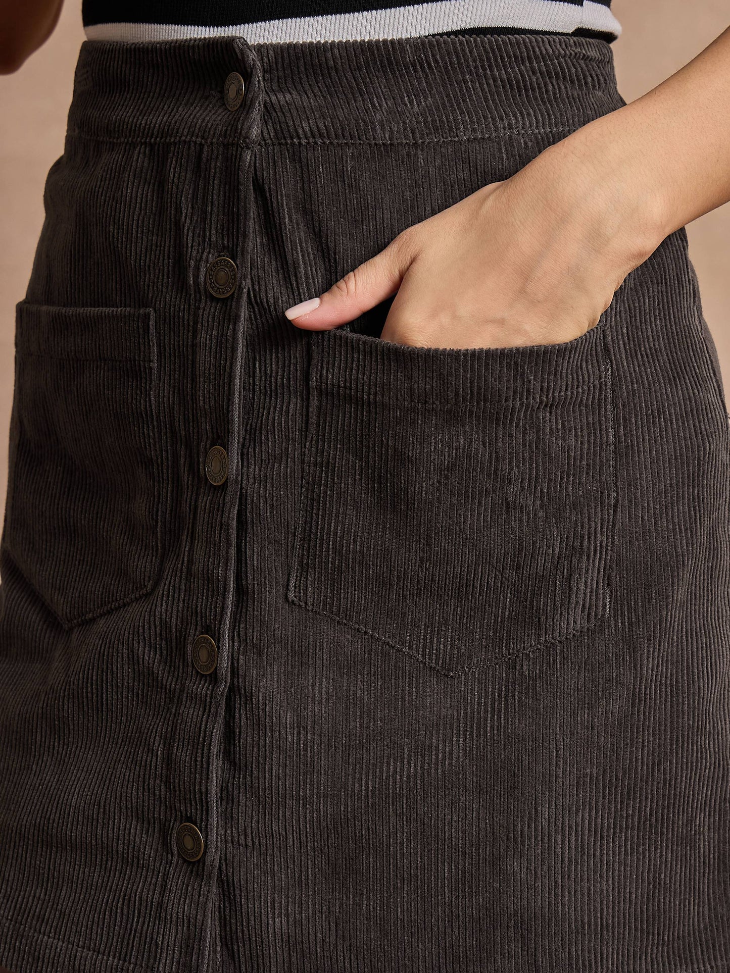 Dark Grey Corduroy Front Button Mini Skirt-SASSAFRAS
