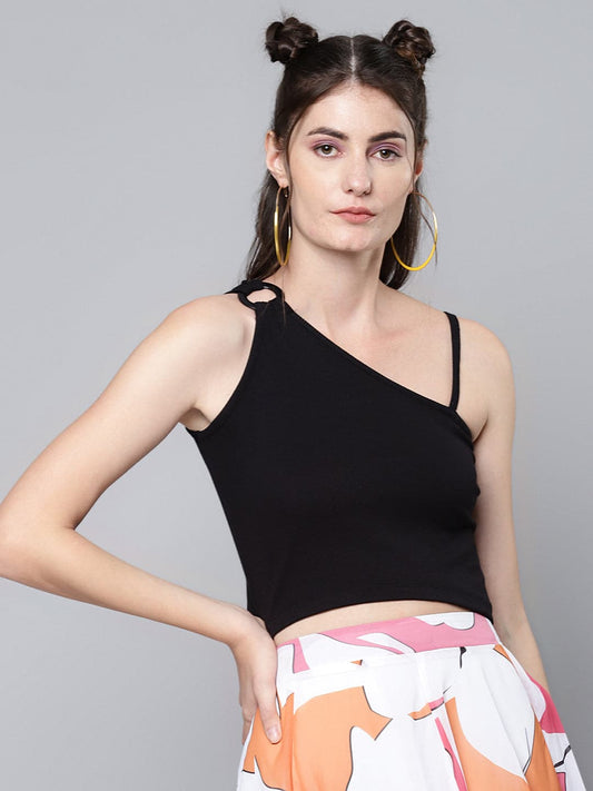 Black One Shoulder Ring Detail Strappy Rib Top-Tops-SASSAFRAS