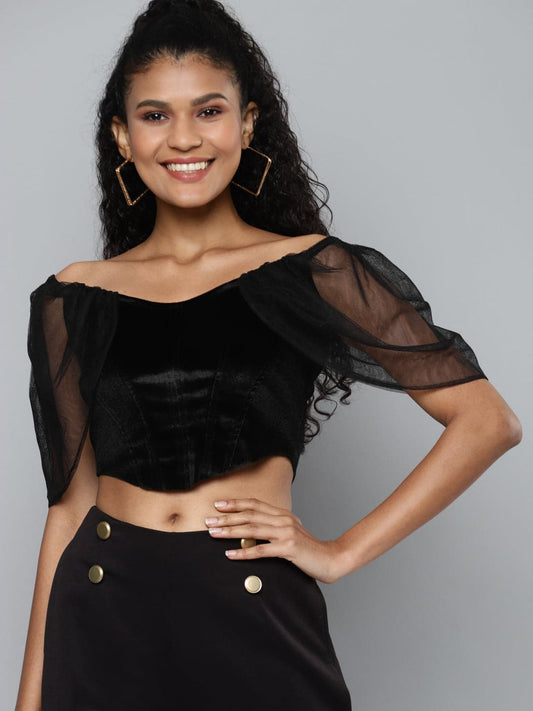 Black Velvet Bardot Blouse-Tops-SASSAFRAS