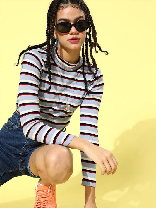 Blue Multi Stripe High Neck Full Sleeve Rib Top-Tops-SASSAFRAS