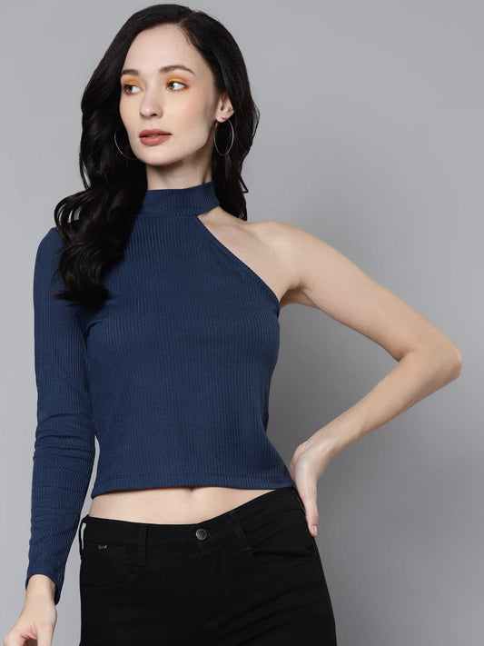 Women Blue Rib One Shoulder Collar Crop Top-Tops-SASSAFRAS