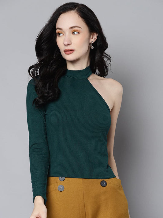 Women Emerald Green Rib One Shoulder Collar Crop Top-Tops-SASSAFRAS