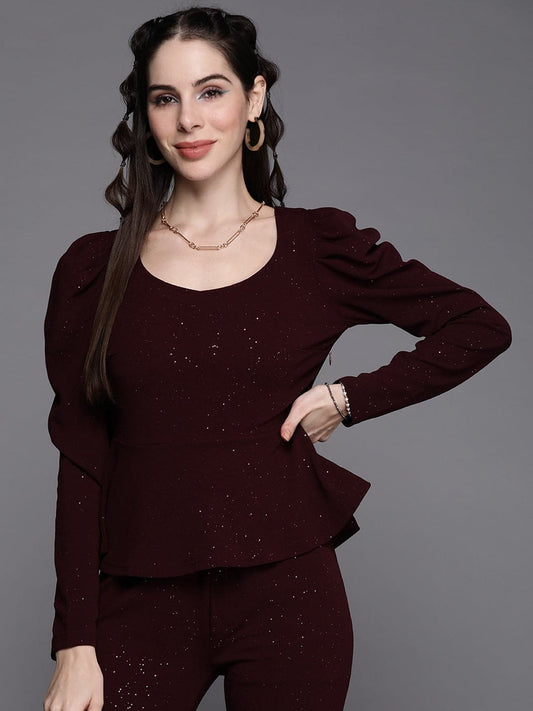 Burgundy Shimmer Full Sleeves Peplum Top-SASSAFRAS